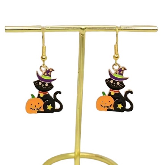 Spooky Halloween Black Cat and Pumpkin Jack O Lantern Earrings - Picture 2 of 2